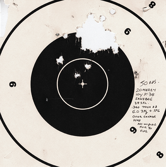 50 rounds, 38 Special black powder roundball load (with SPG Lube over bullet lube wad) with no wiping.